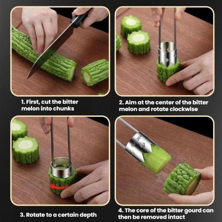Stainless steel corer showing steps to cut and rotate for removing melon cores