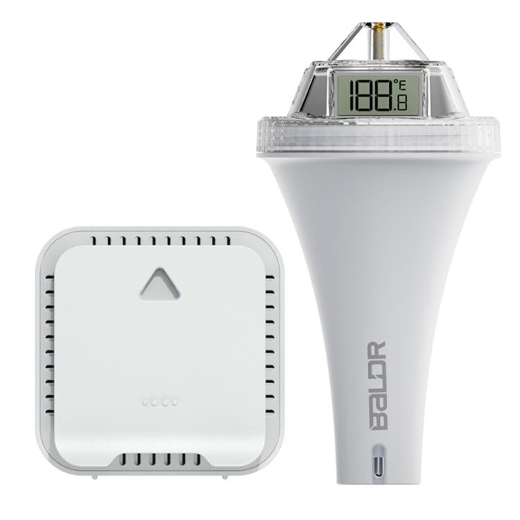 Floating pool thermometer and indoor receiver with LCD screens, front view