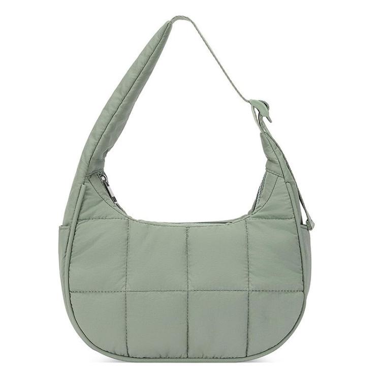 Green puffer single-shoulder handbag with adjustable strap and crescent hobo shape