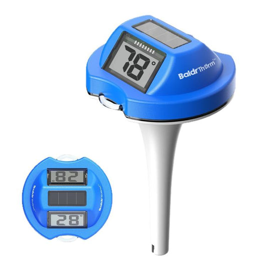 Blue floating pool thermometer with dual LCD screens and white probe stem