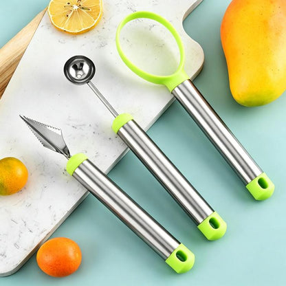 Stainless steel fruit ball scooper set with lime green handles and three carving tools