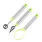 Three fruit scooping and carving tools with stainless rods and lime green grips