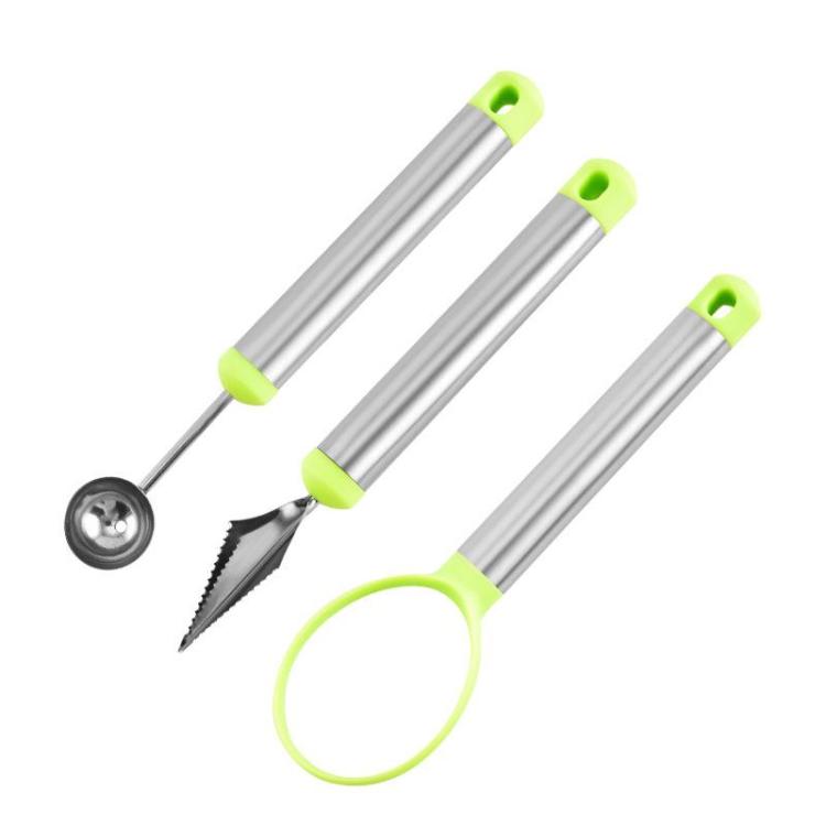 Three fruit scooping and carving tools with stainless rods and lime green grips