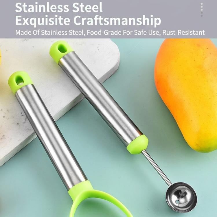 Fruit ball scooper and citrus carving tools, stainless heads with lime green handles