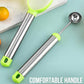Fruit ball scooper handles with comfort grip, stainless shafts and lime green accents