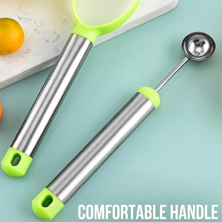 Fruit ball scooper handles with comfort grip, stainless shafts and lime green accents