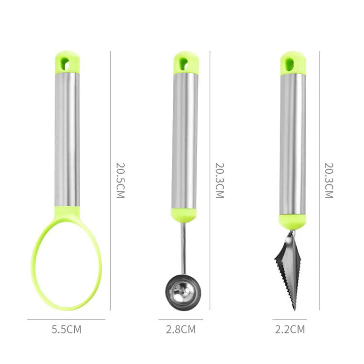 3-piece tool set with size guides: scoop ring and stainless heads with lime green handles