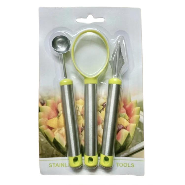 3-piece fruit ball scooper tool set on blister card with lime green accents