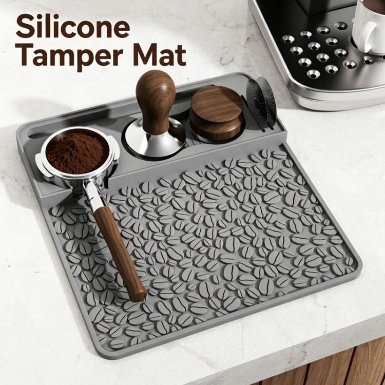 Gray silicone tamper mat with leaf texture and built-in circular tamping sections