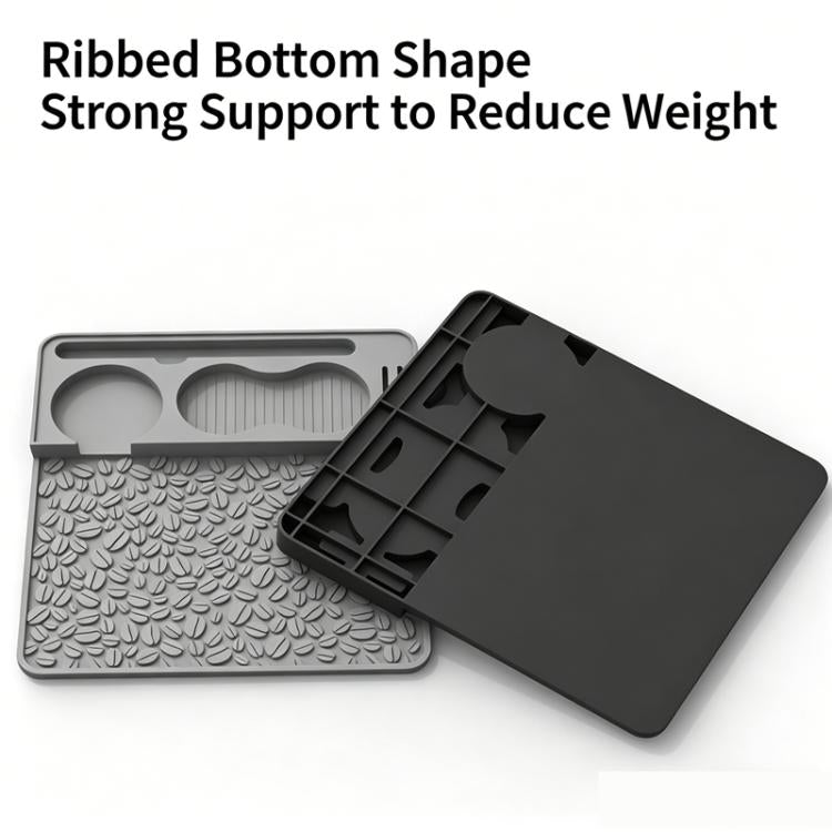 Gray silicone tamper mat with leaf texture and hinged bottom tray
