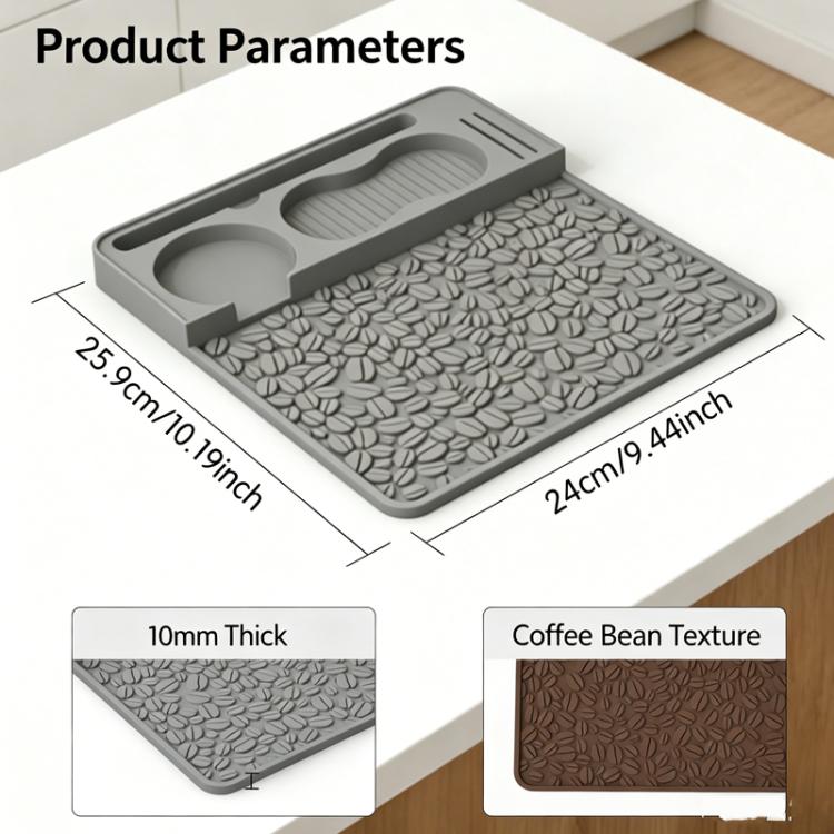 Gray silicone espresso tamper mat with leaf texture, raised grooves and cup recess