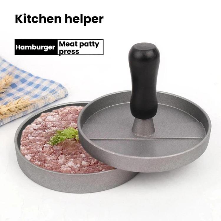 Hamburger patty mold press with gray base, black handle, and minced meat patty