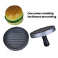 Hamburger patty mold press with gray ridged plate and black handle tool