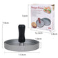 Hamburger patty mold press dimensions with black handle and gray base