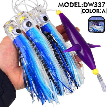 Saltwater trolling lure rig with blue skirt tentacles and purple spreader lure head