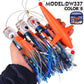 Saltwater trolling lure rig with orange spreader lure head and blue striped tentacle skirt