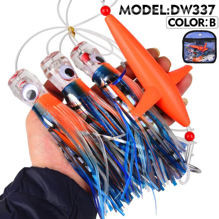 Saltwater trolling lure rig with orange spreader lure head and blue striped tentacle skirt