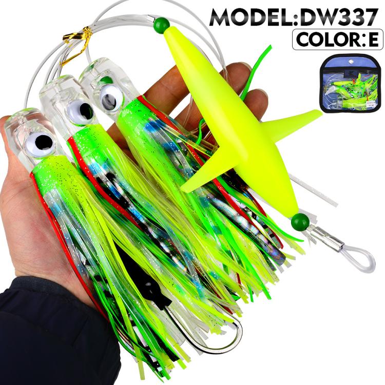 Saltwater trolling lure rig with bright green skirt, lime spreader, silver lead head and hooks