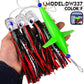 Saltwater trolling lure rig with black-red skirt, green spreader, silver lead head and hooks