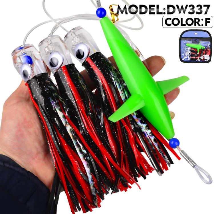 Saltwater trolling lure rig with black-red skirt, green spreader, silver lead head and hooks