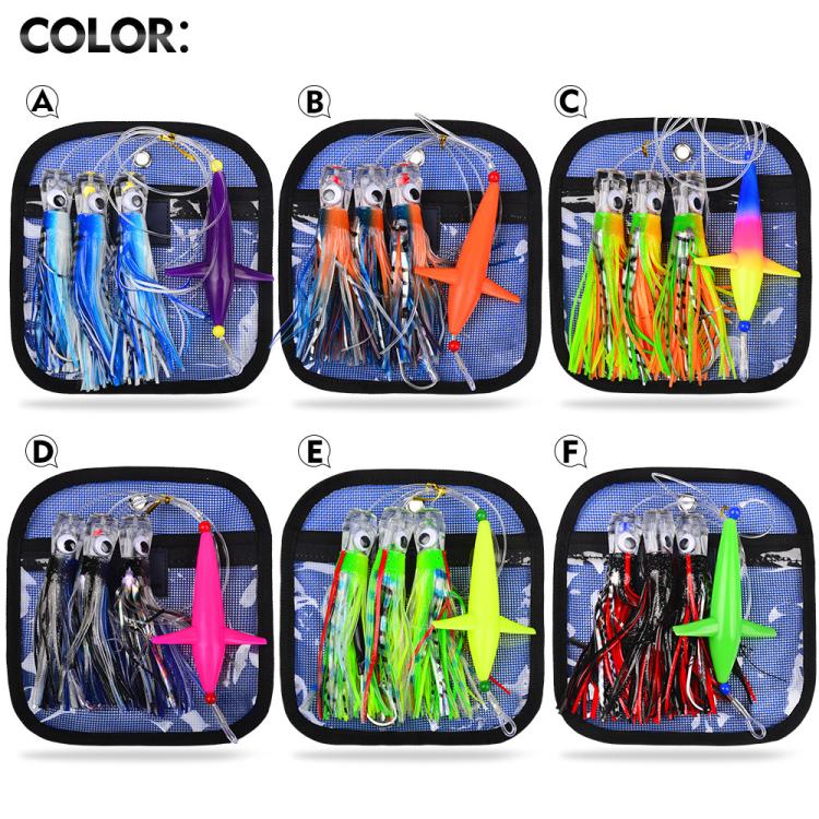 Saltwater trolling lure set in blue case, multiple colorful octopus-style skirt rigs