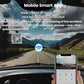 Smartphone app view showing dash camera connection next to mounted dash unit, dark gray