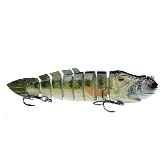 Multi-jointed hard bait swimbait fishing lure, green body with orange belly and 3D red eyes