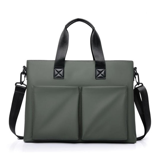 Men's waterproof laptop messenger bag in green with dual front pockets and shoulder straps