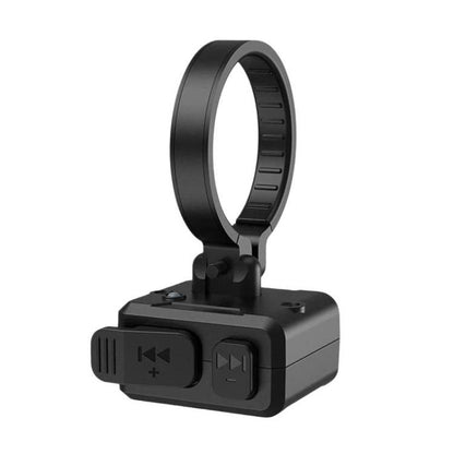 Black Bluetooth riding phone remote with circular clamp and music control buttons