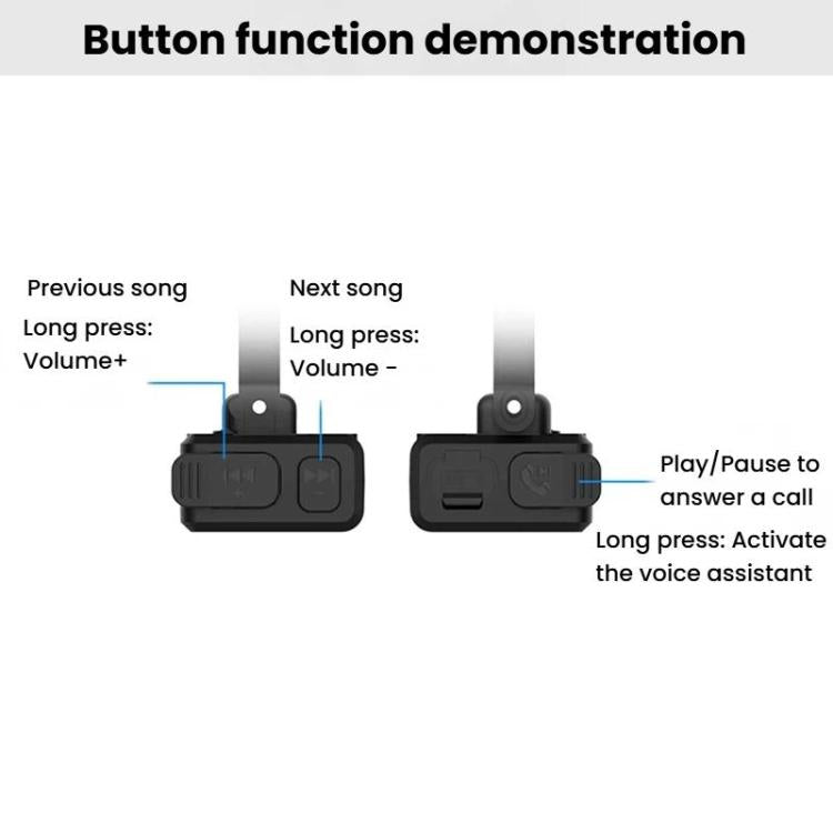 Black Bluetooth remote with play/pause, call, and volume control buttons on module
