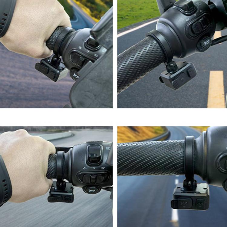 Black Bluetooth remote secured on a handlebar mount with control buttons facing rider