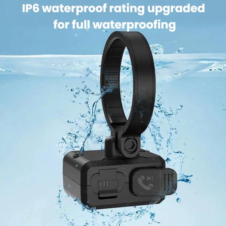 Black Bluetooth riding phone remote with circular ring and control module, water splash visible