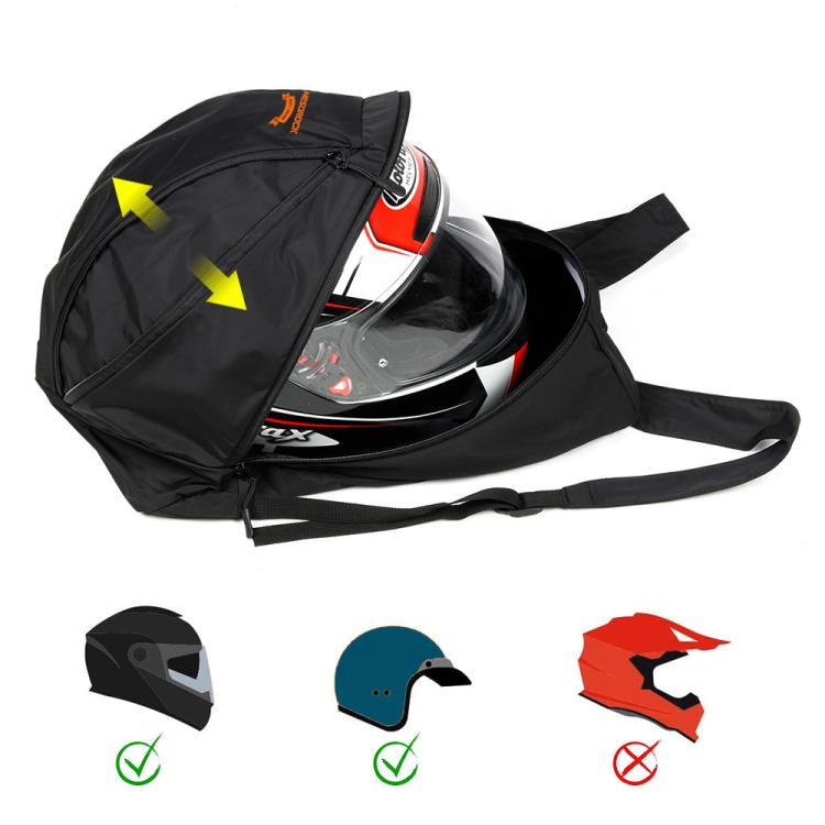 Black waterproof helmet storage bag with a helmet inside and fit arrows on the cover
