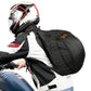 Motorcycle helmet secured inside a black waterproof helmet backpack with side straps