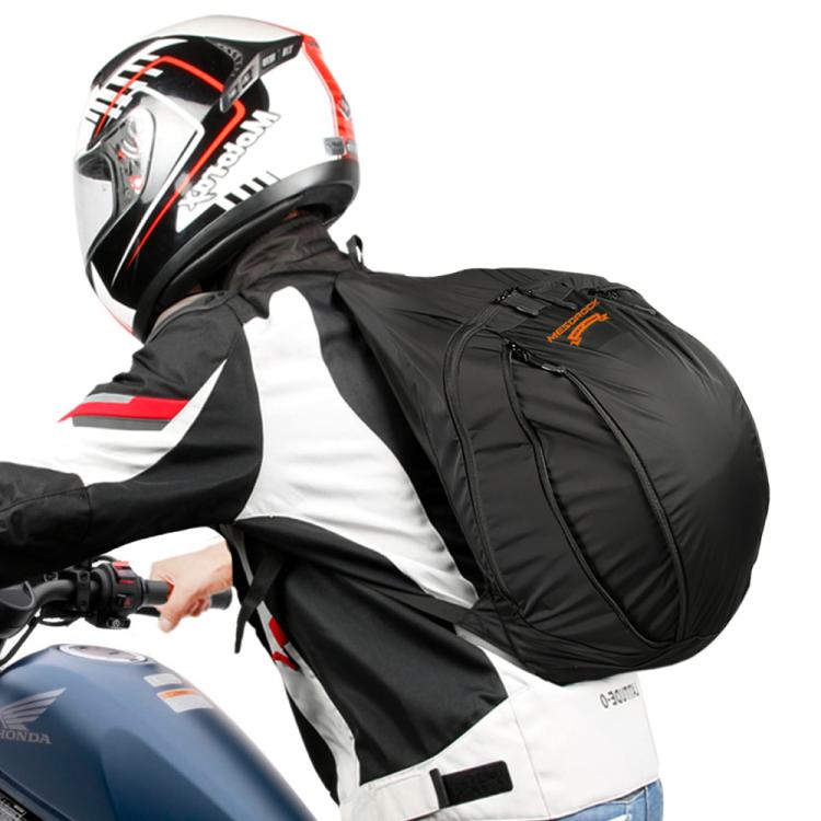 Motorcycle helmet secured inside a black waterproof helmet backpack with side straps