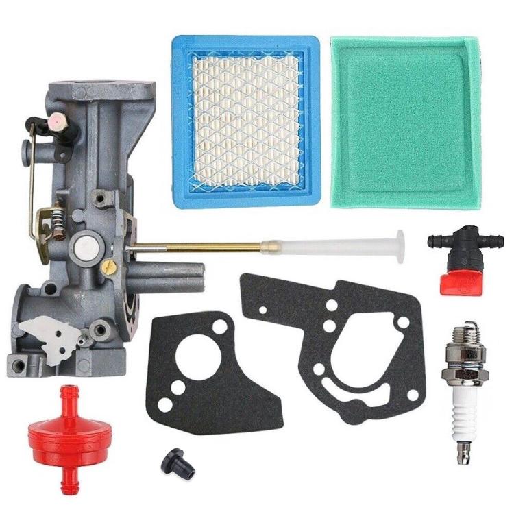 Mechanical carburetor kit with gaskets, air filter, fuel filter, and spark plug