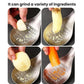 Stainless steel grinder spoon grating multiple ingredients on a bowl surface