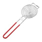 Stainless steel spiral egg white separator tool with red silicone handle and ring grip