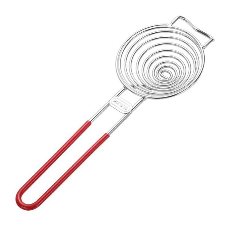 Stainless steel spiral egg white separator tool with red silicone handle and ring grip