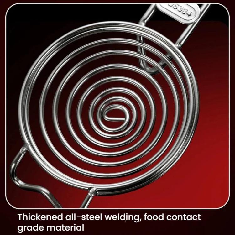 Stainless steel spiral egg strainer with concentric rings and red-handled grip