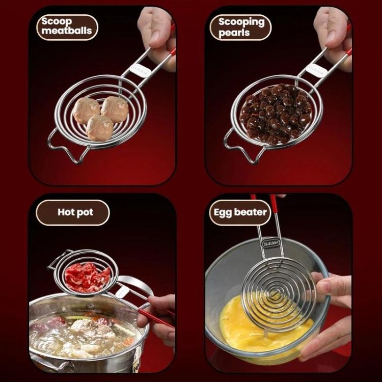 Stainless steel spiral strainer with red handle scooping and separating egg mixture