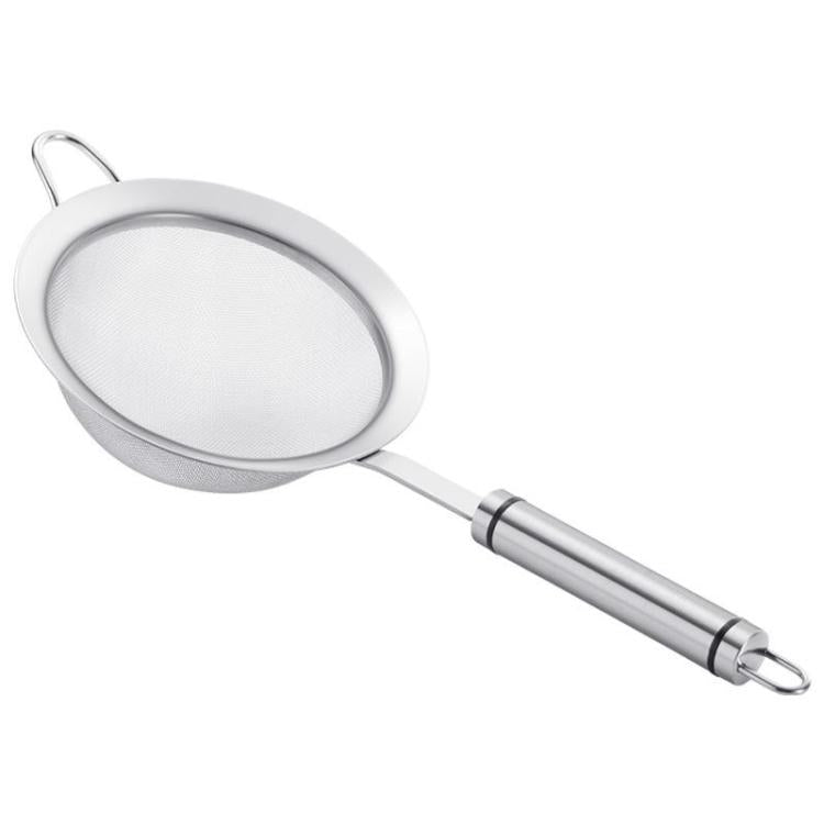 Stainless steel round mesh strainer spoon with long handle and loop hanging hook