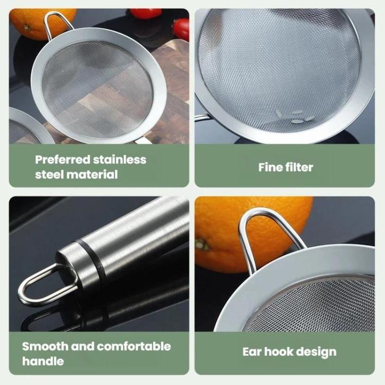 Stainless steel mesh strainer spoon with smooth handle and hanging ear hook