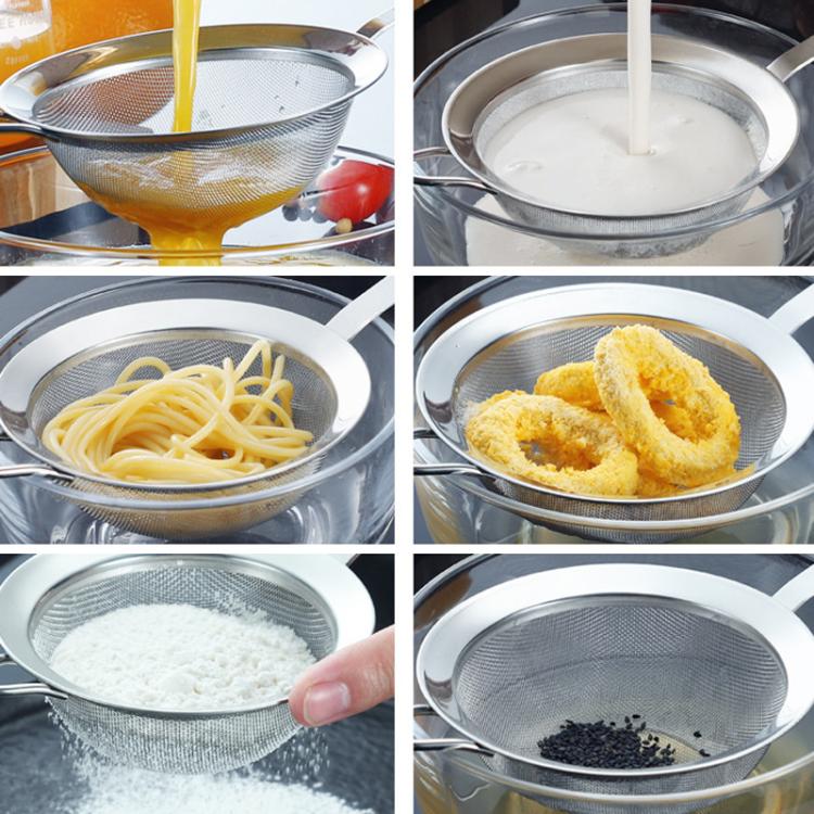 Stainless steel mesh strainer spoon used for draining pasta, snacks, and fine powders