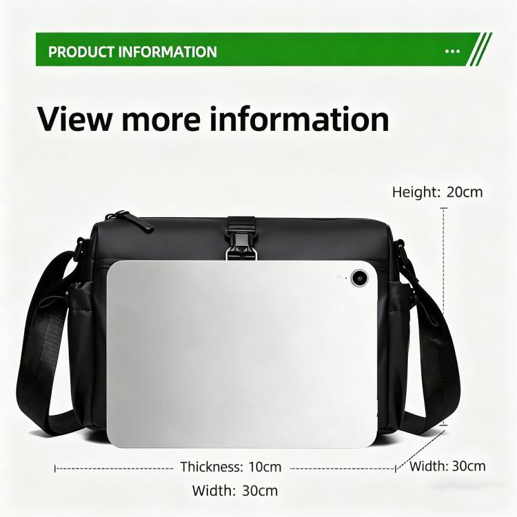 Black crossbody sling bag with top buckle, wide front panel for tablet