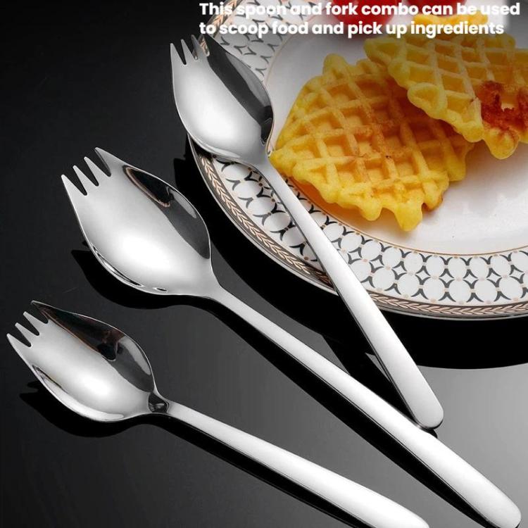 Stainless steel spoon and fork combo with long handles, mirror-polished.