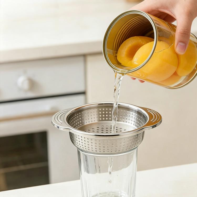 Stainless steel can strainer with perforated bowl, dual rim handles, used while pouring liquid