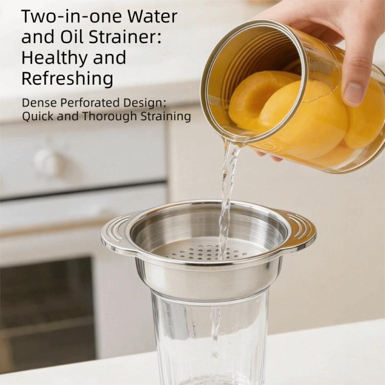 Stainless steel can strainer basket with perforated holes, draining liquid from a can