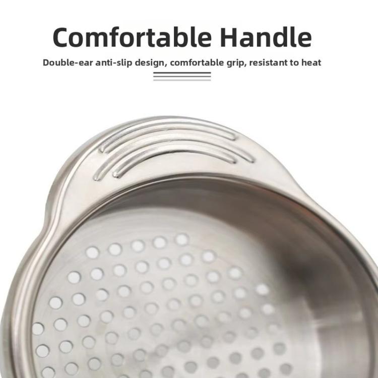 Stainless steel can strainer with curved anti-slip handle grips and perforated base