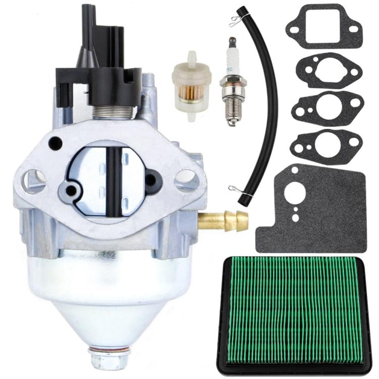 Carburetor kit with gaskets, fuel line, spark plug, and air filter insert